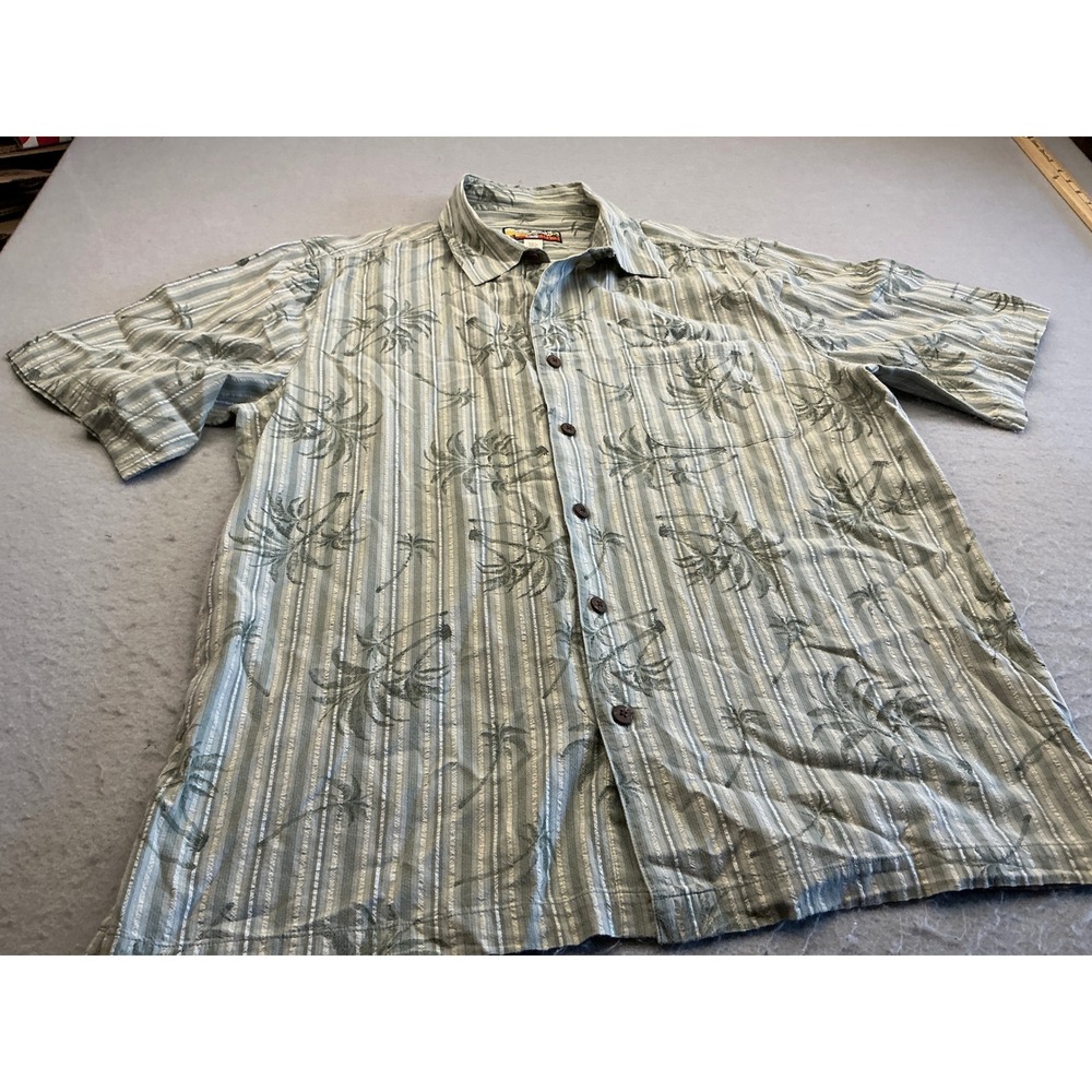 High Sierra Vintage Button Up Shirt Palm Tree Stripe Green L Tropical‎ Hawaiian